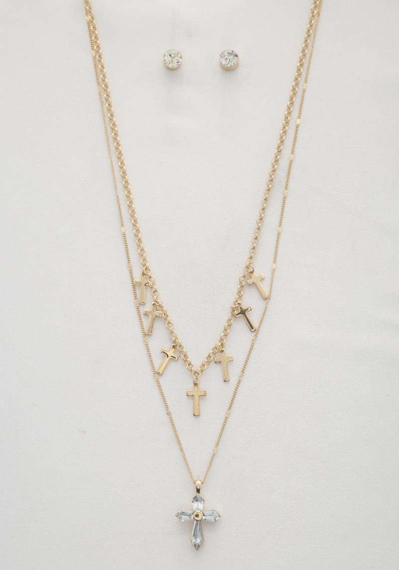 CRYSTAL CROSS LAYERED NECKLACE