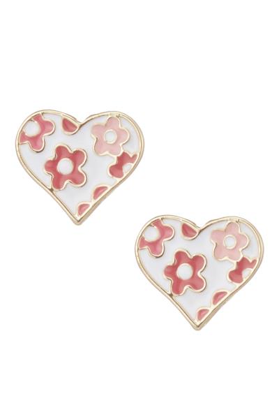 FLOWER PATTERN HEART POST EARRING