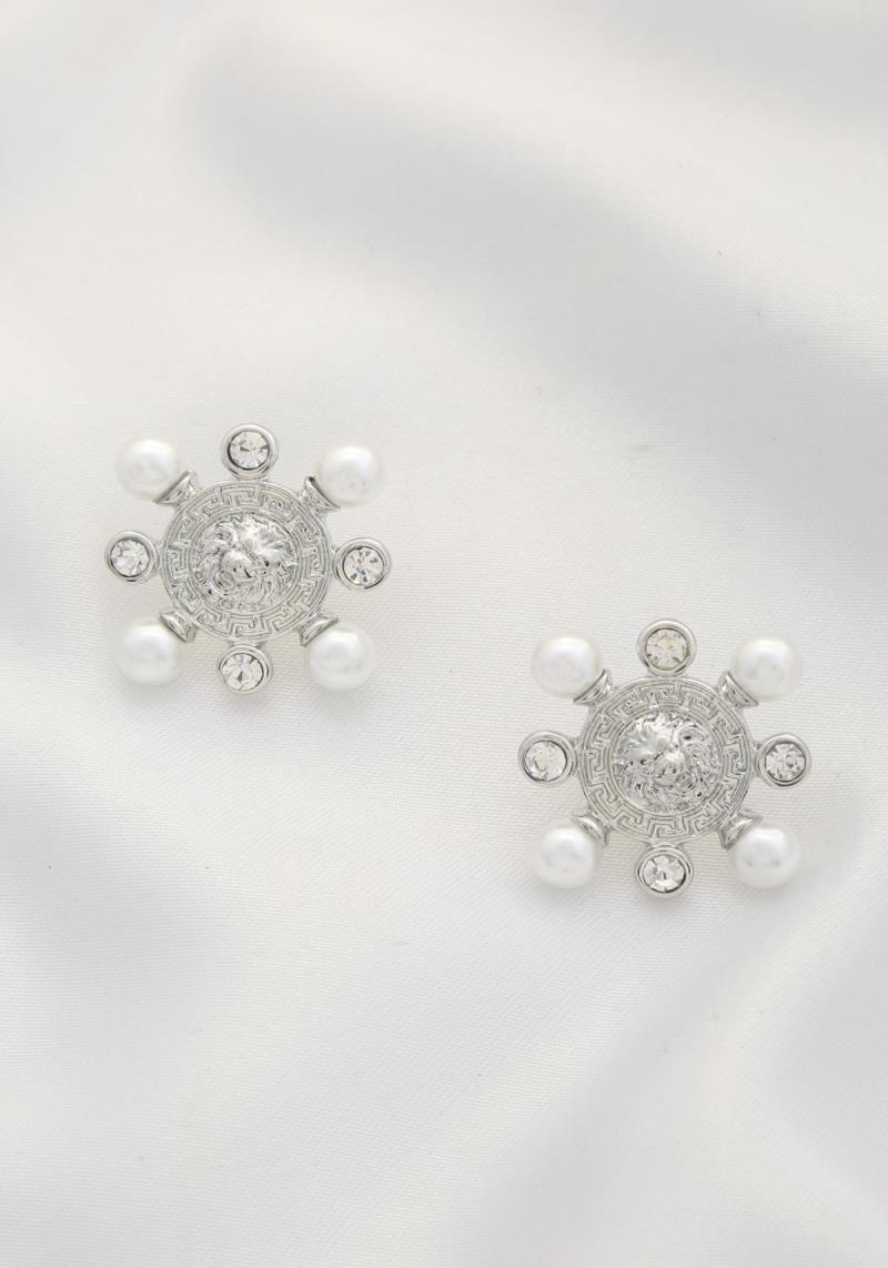 LION HEAD GREEK PATTERN PEARL BEAD POST EARRING