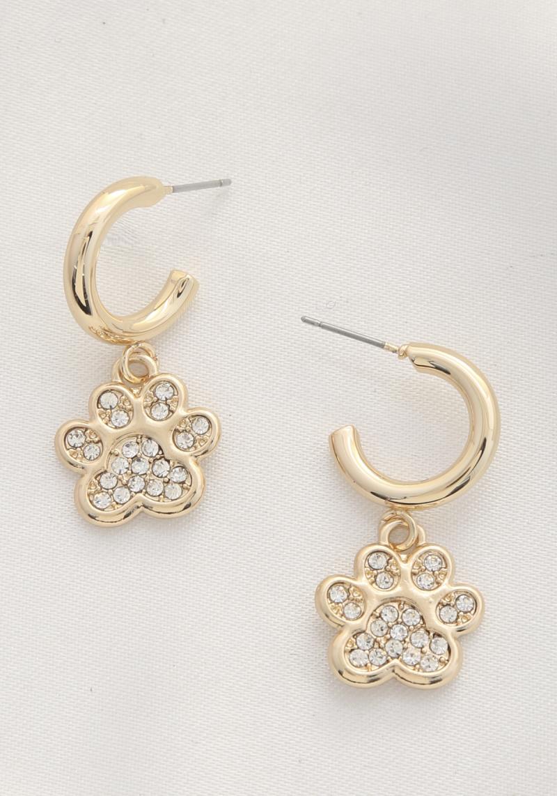 RHINESTONE DOG PAW CHARM OPEN CIRCLE EARRING