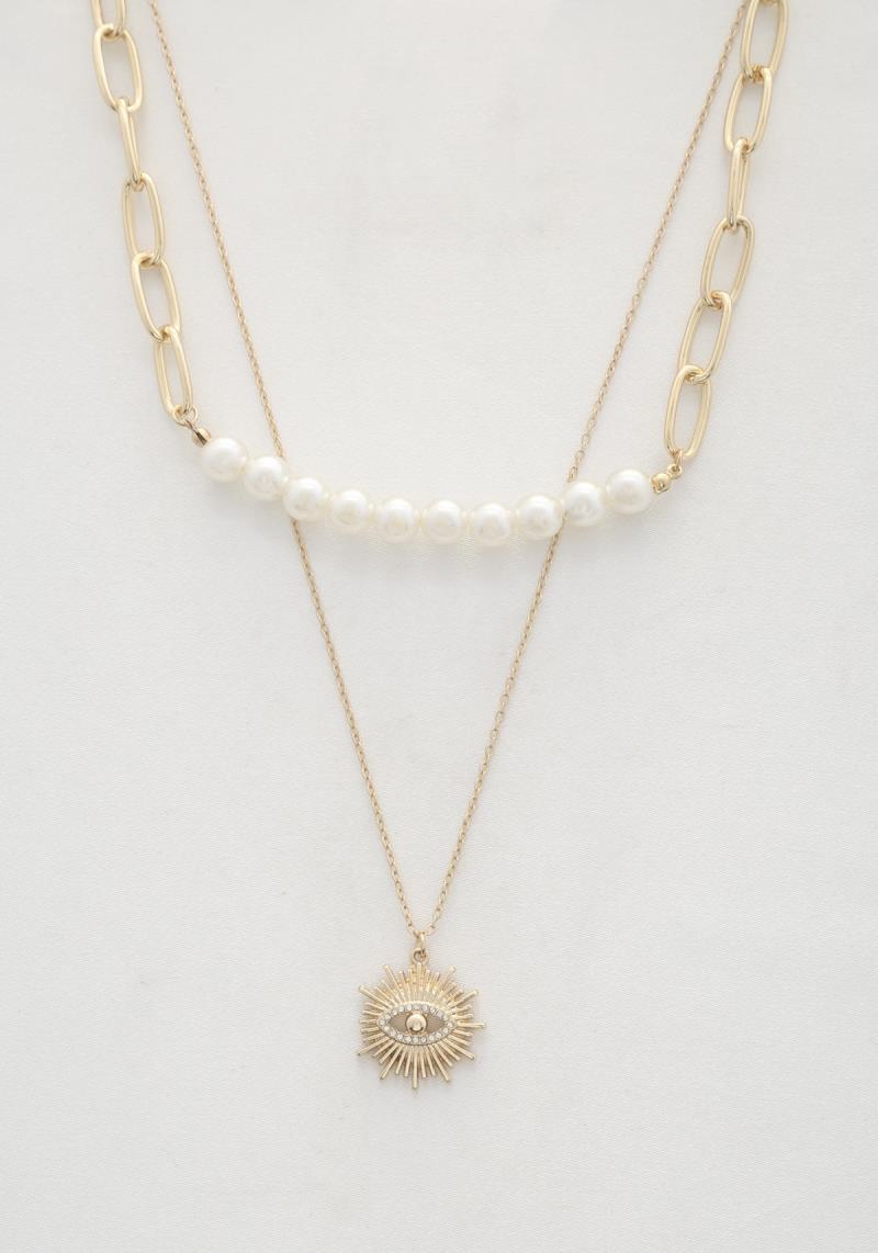 SODAJO EYE PENDANT PEARL BEAD PAPERCLIP LINK LAYERED NECKLACE