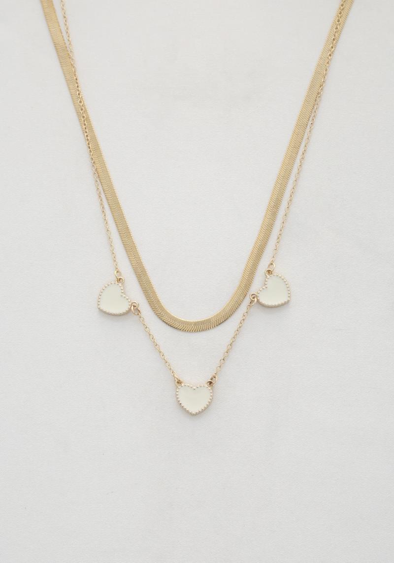 TRIPLE HEART LINK FLAT SNAKE CHAIN LAYERED NECKLACE