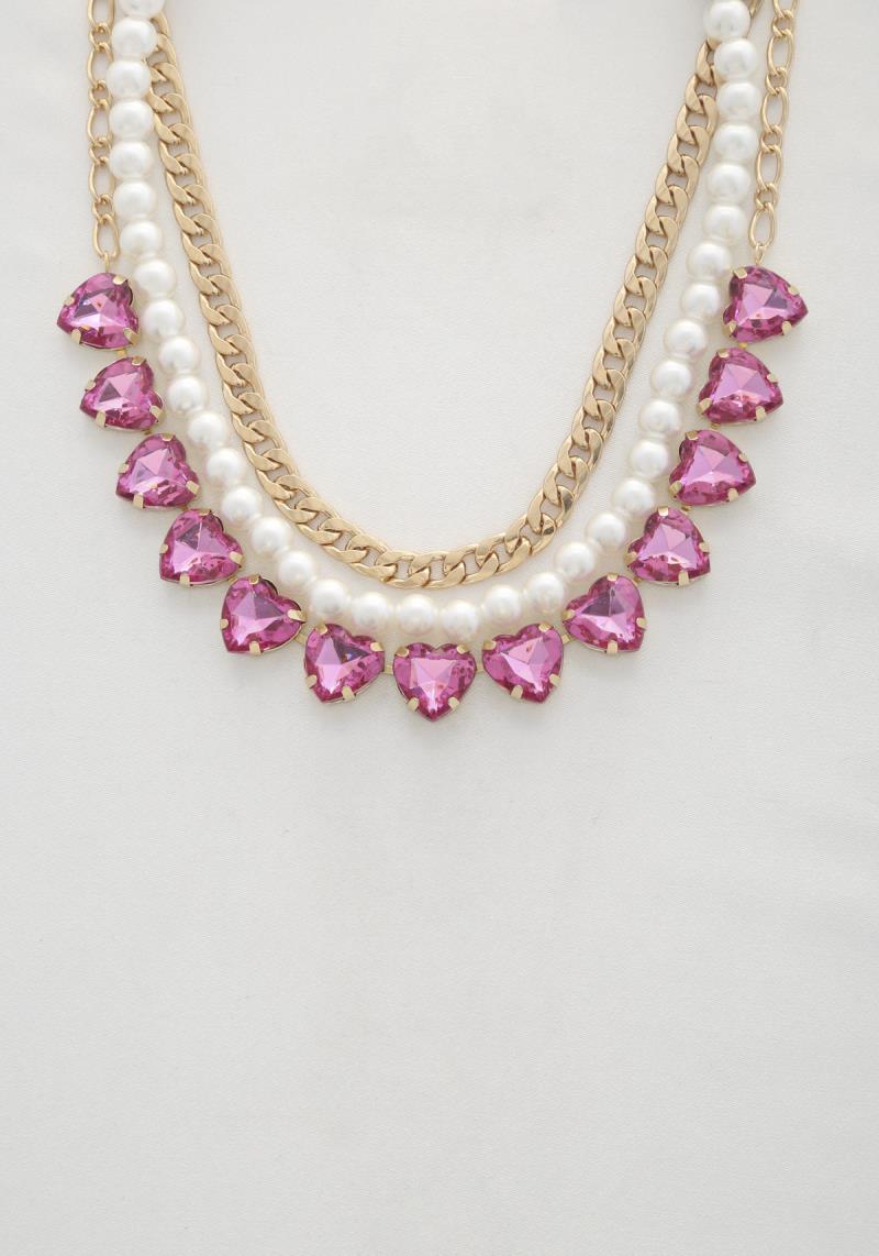 SODAJO HEART PEARL BEAD CURB LINK LAYERED NECKLACE