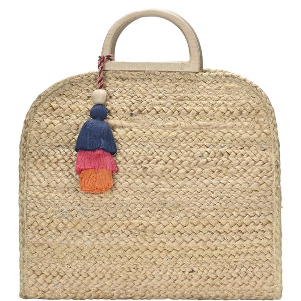 STRAW HANDLE TASSEL DESIGN TOTE BAG