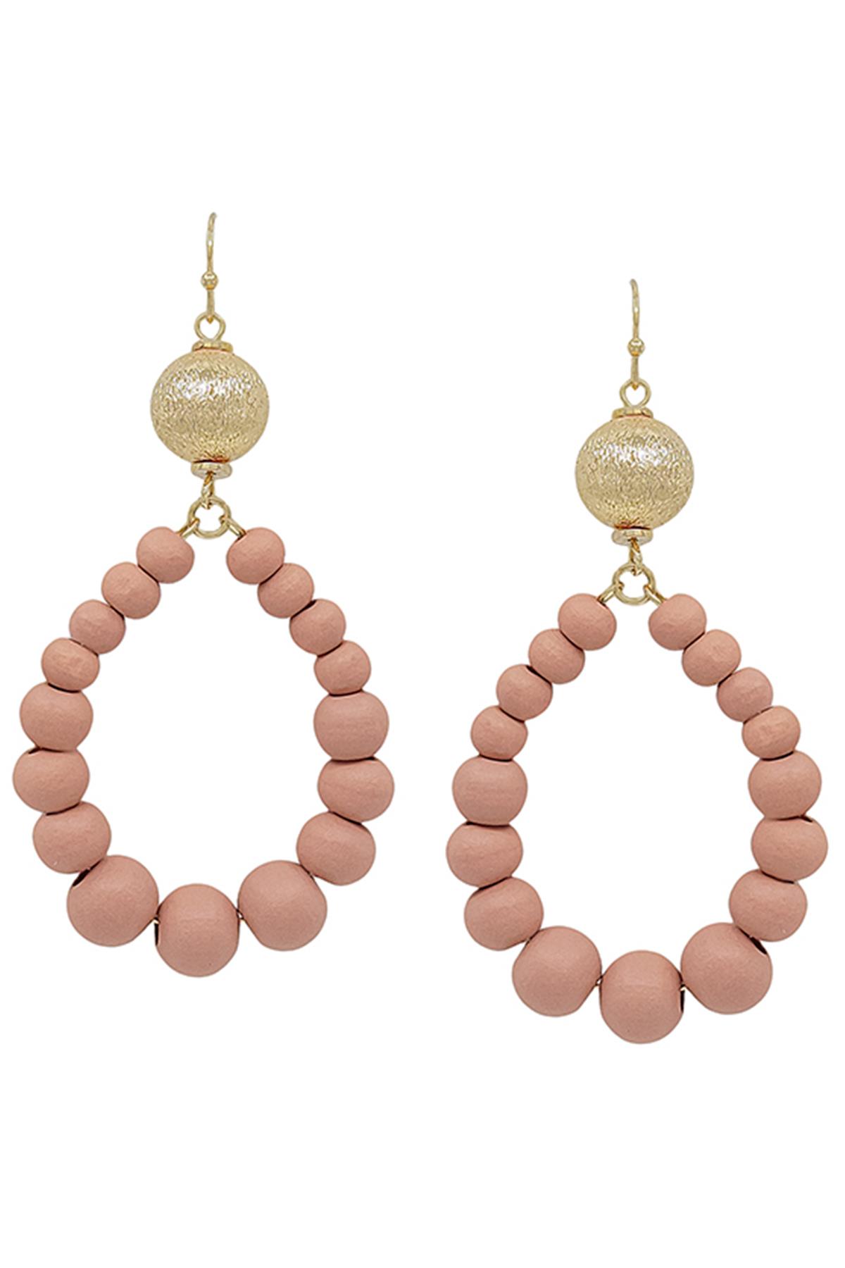 SATIN METAL BALL AC TEARDROP WOOD EARRING