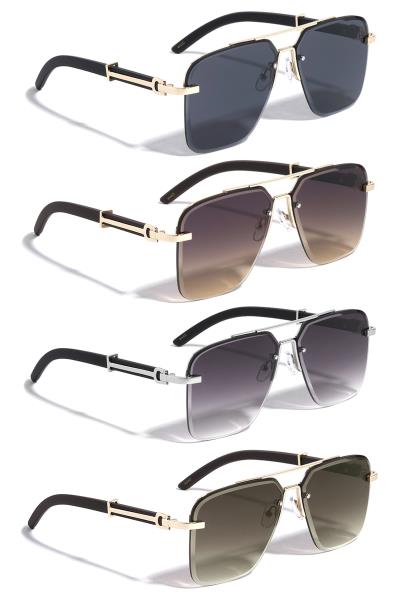 FASHION METAL WOOD TEMPLE RIMLESS DIAMOND EDGE CUT SQUARE AVIATORS SUNGLASSES 1DZ