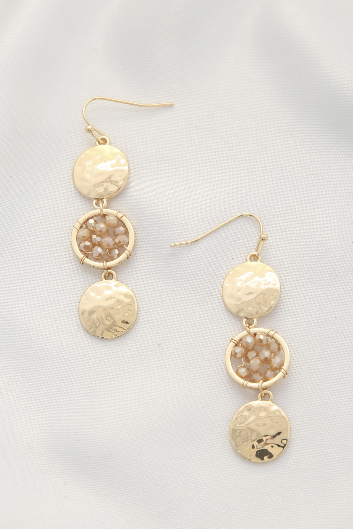ROUND BEADED HAMMERED COIN DANGLE EARRING