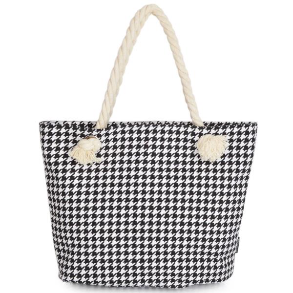 HOUNDSTOOTH PATTERN BEACH TOTE BAG