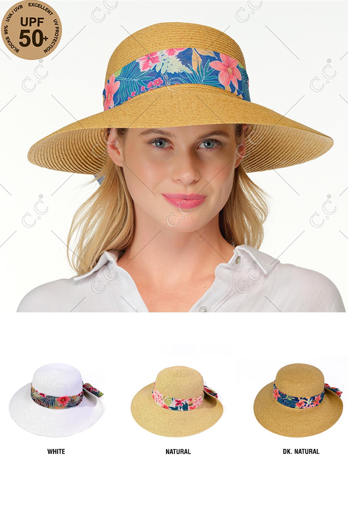 CC WIDE BRIM SUNHAT WITH TROPICAL PRINT ROLLED UP DETAILS