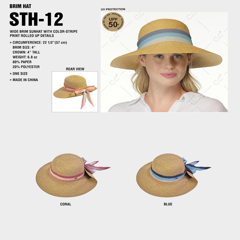 CC WIDE BRIM SUNHAT WITH COLOR-STRIPE PRINT ROLLED UP DETAILS