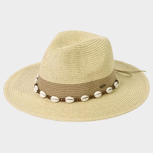 CC TWO-TONE COLOR BLOCK PANAMA SUN HAT WITH SHELL AND WOOD BEAD TRIM BAND