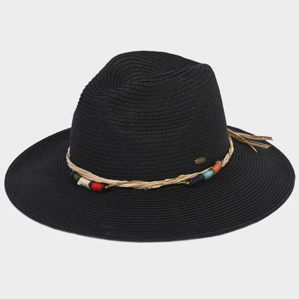 CC PANAMA STRAW SUN HAT WITH MIXTURE OF MULTI COLOR THREADED TOGGLES AND STRAW STRINGS