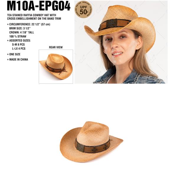 CC TEA STAINED RAFFIA COWBOY HAT WITH CROSS EMBELLISHMENT ON THE BAND TRIM