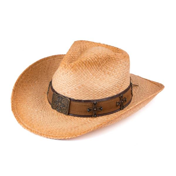 CC TEA STAINED RAFFIA COWBOY HAT WITH CROSS EMBELLISHMENT ON THE BAND TRIM