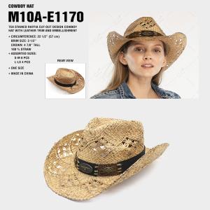CC TEA STAINED RAFFIA CUT-OUT DESIGN COWBOY HAT WITH LEATHER TRIM AND EMBELLISHMENT