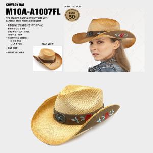 CC TEA STAINED RAFFIA COWBOY HAT WITH LEATHER TRIM AND EMBROIDERY
