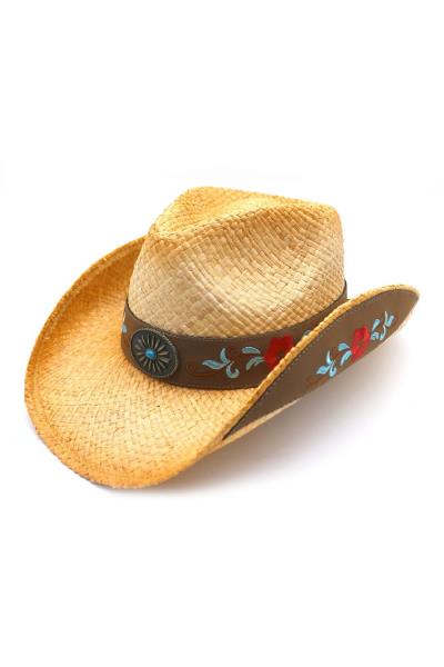 CC TEA STAINED RAFFIA COWBOY HAT WITH LEATHER TRIM AND EMBROIDERY