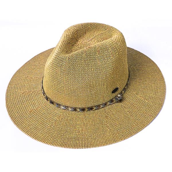 CC PANAMA HAT WITH RHINESTONE BUGLE BEAD TRIM BAND