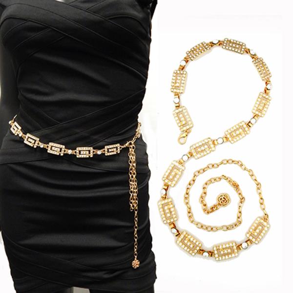 RHINESTONE CRYSTAL PATTERN MAZE LINK CHAIN HOOK BELT