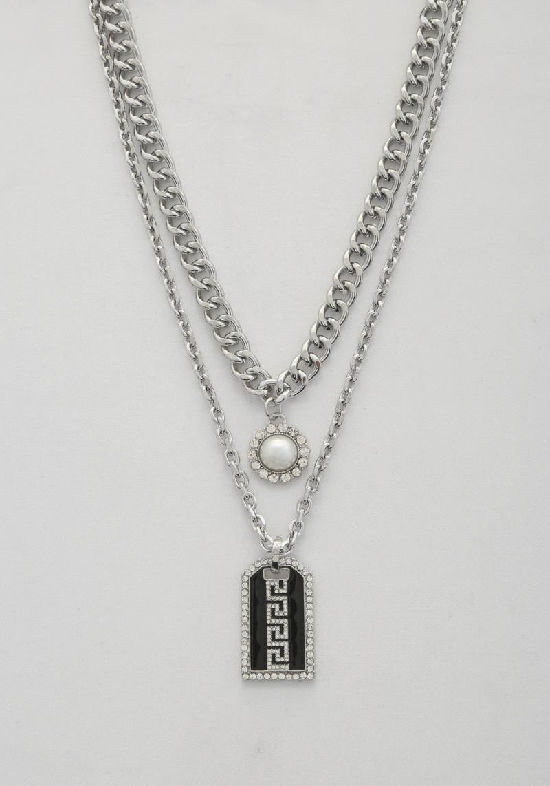 GREEK PATTERN TAG CURB LINK LAYERED NECKLACE