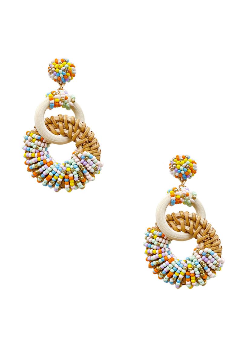 RATTAN W/BEADS POST EARRING