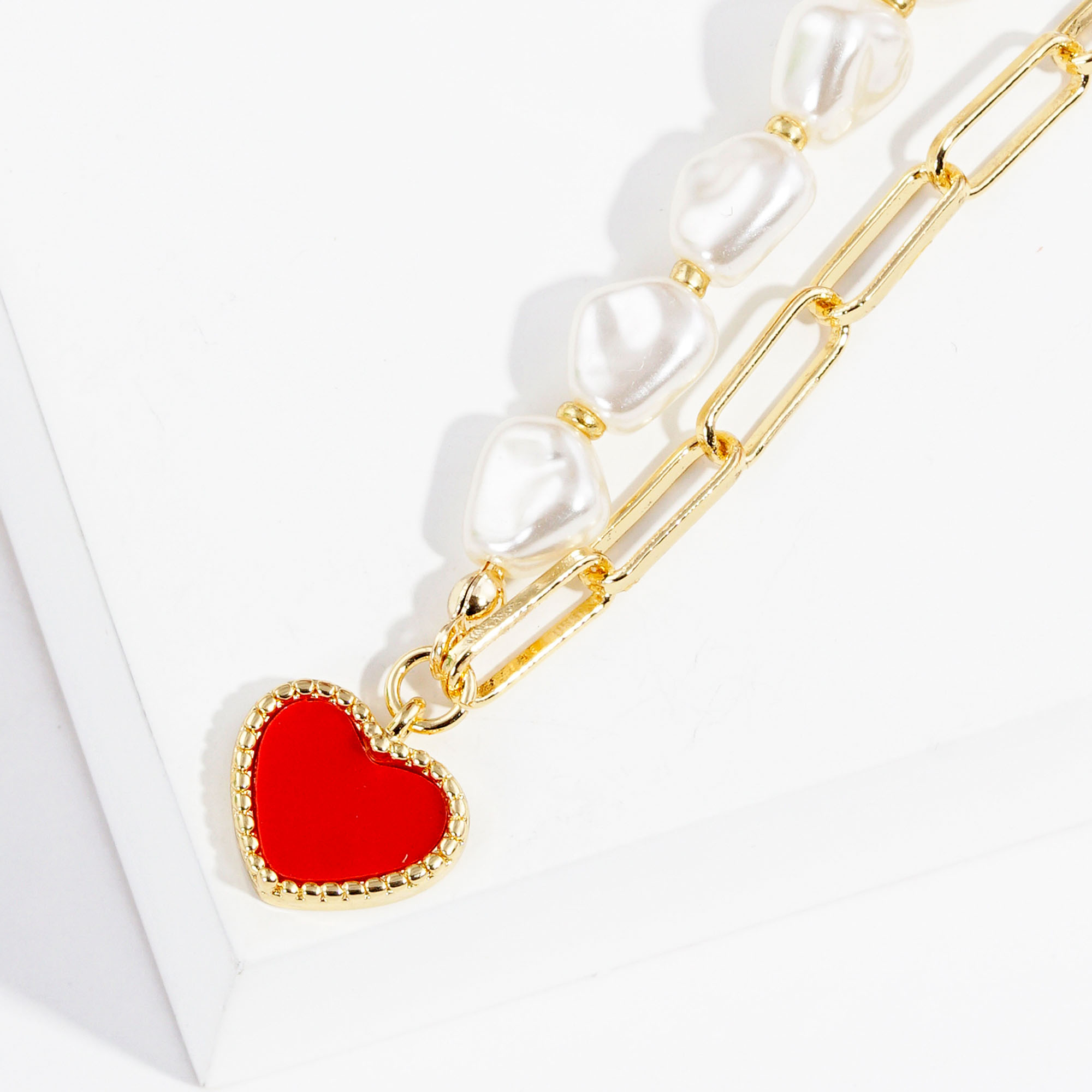HEART CHARM PEARL BEAD OVAL LINK NECKLACE