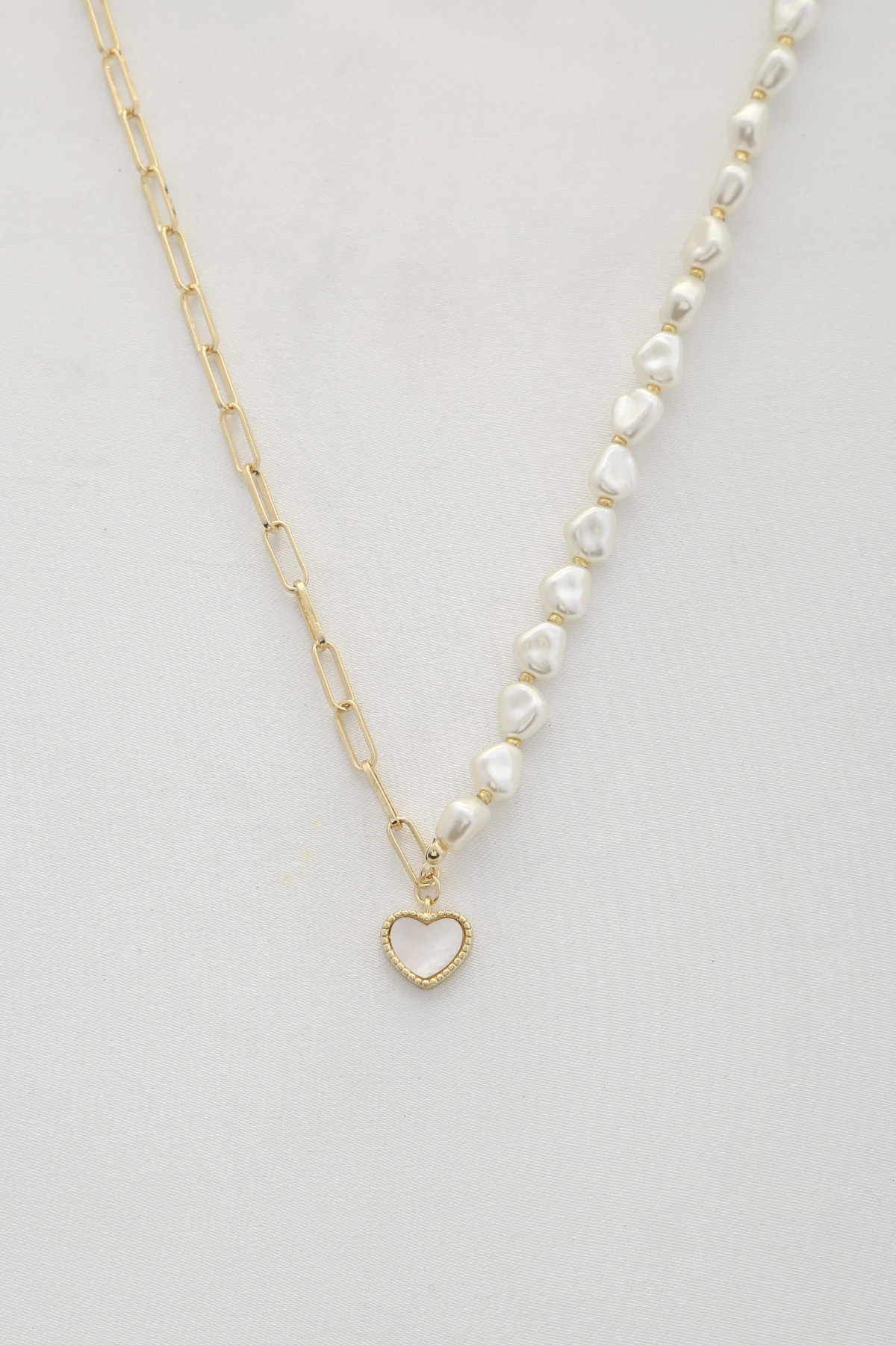 HEART CHARM PEARL BEAD OVAL LINK NECKLACE