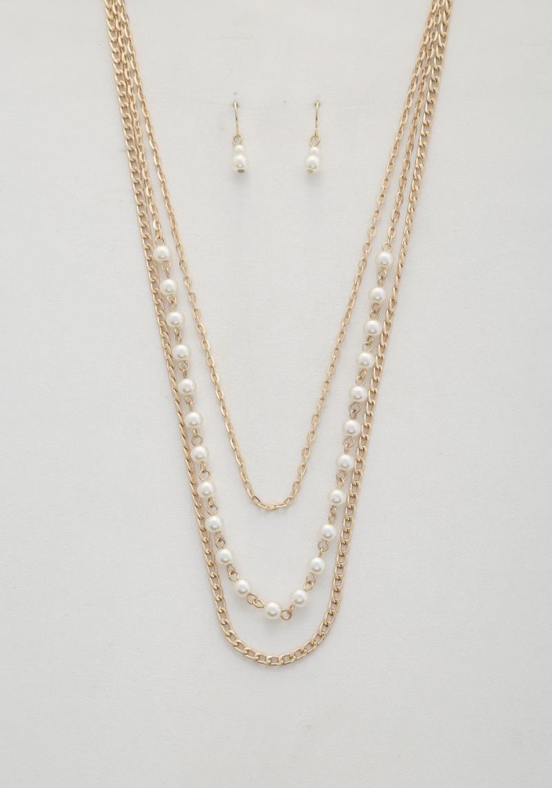 PEARL BEAD LAYERED METAL NECKLACE