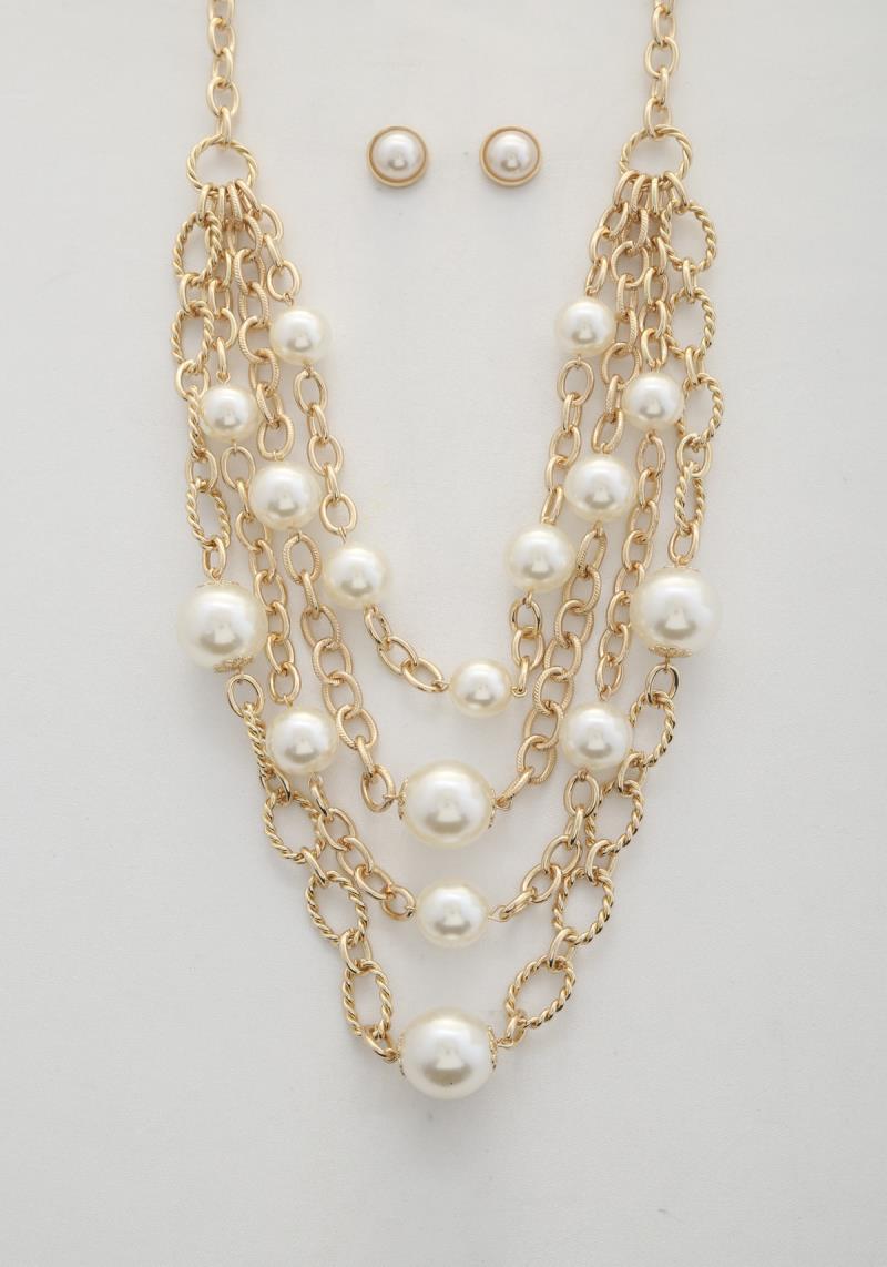 PEARL BEAD CIRCLE LINK LAYERED NECKLACE