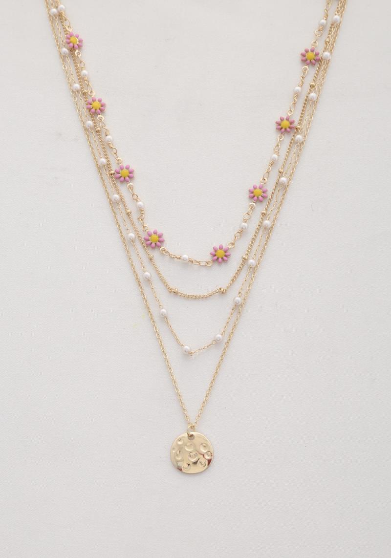 HAMMERED COIN FLOWER BEADED LAYERED NECKLACE