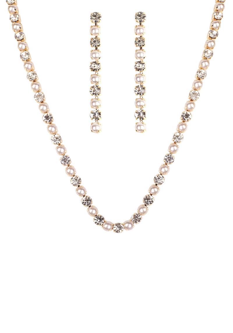 RHINESTONE PEARL 1 LINE NECKLACE AND EARRING SET