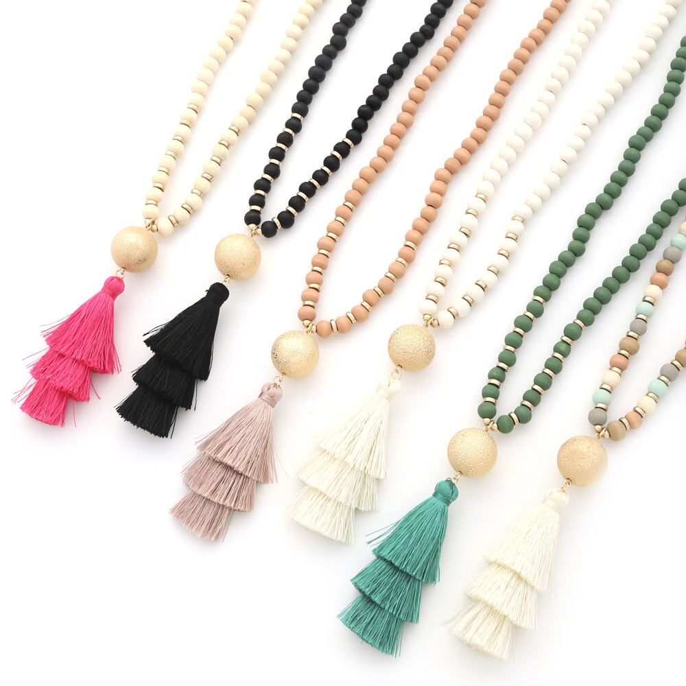 SATIN METAL BALL ACCENT TASSEL PANDENT WOOD  LONG NECKLACE