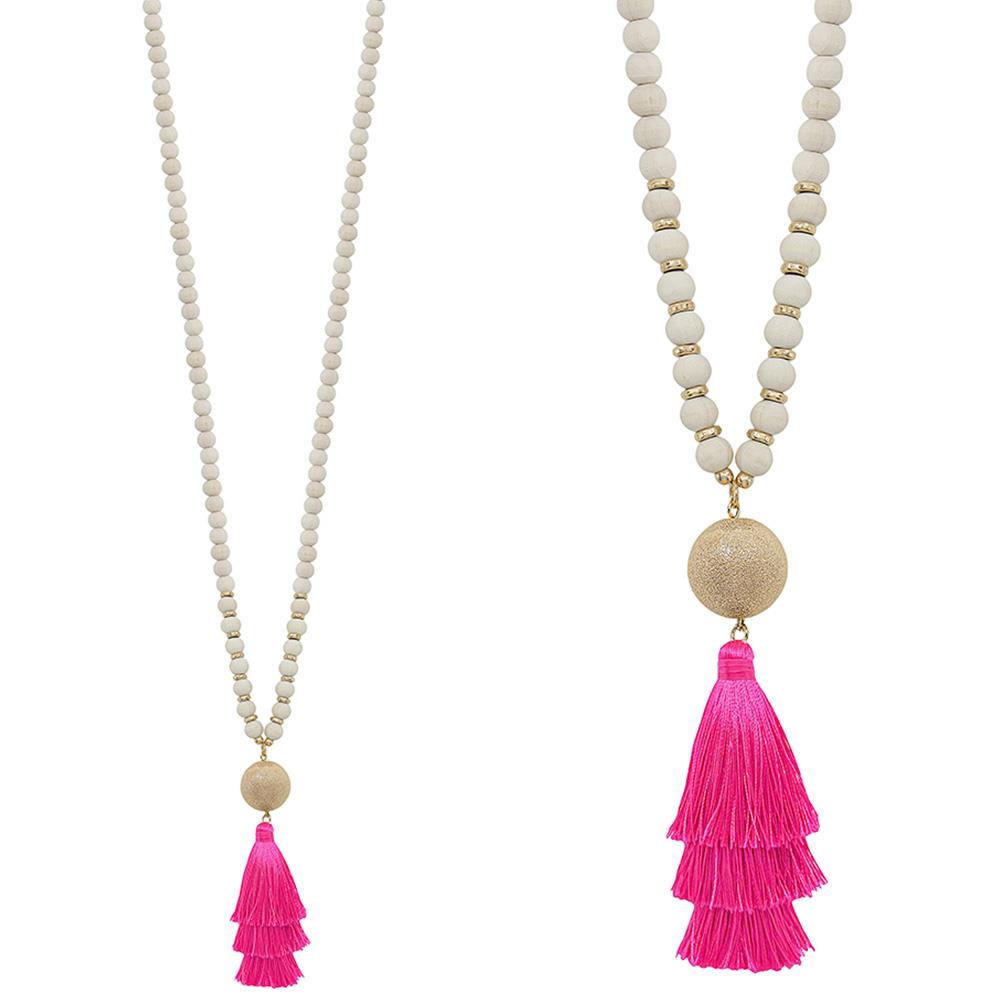 SATIN METAL BALL ACCENT TASSEL PANDENT WOOD  LONG NECKLACE