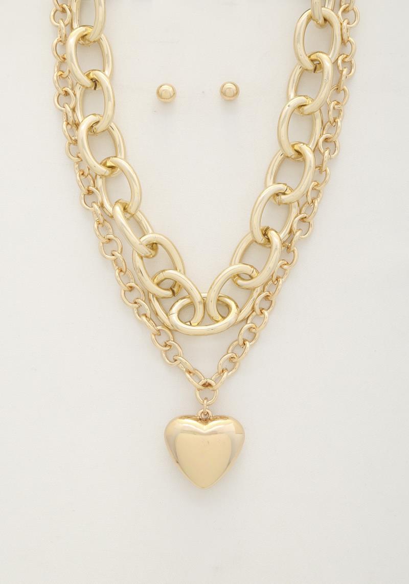 PUFFY HEART PENDANT OVAL LINK METAL LAYERED NECKLACE