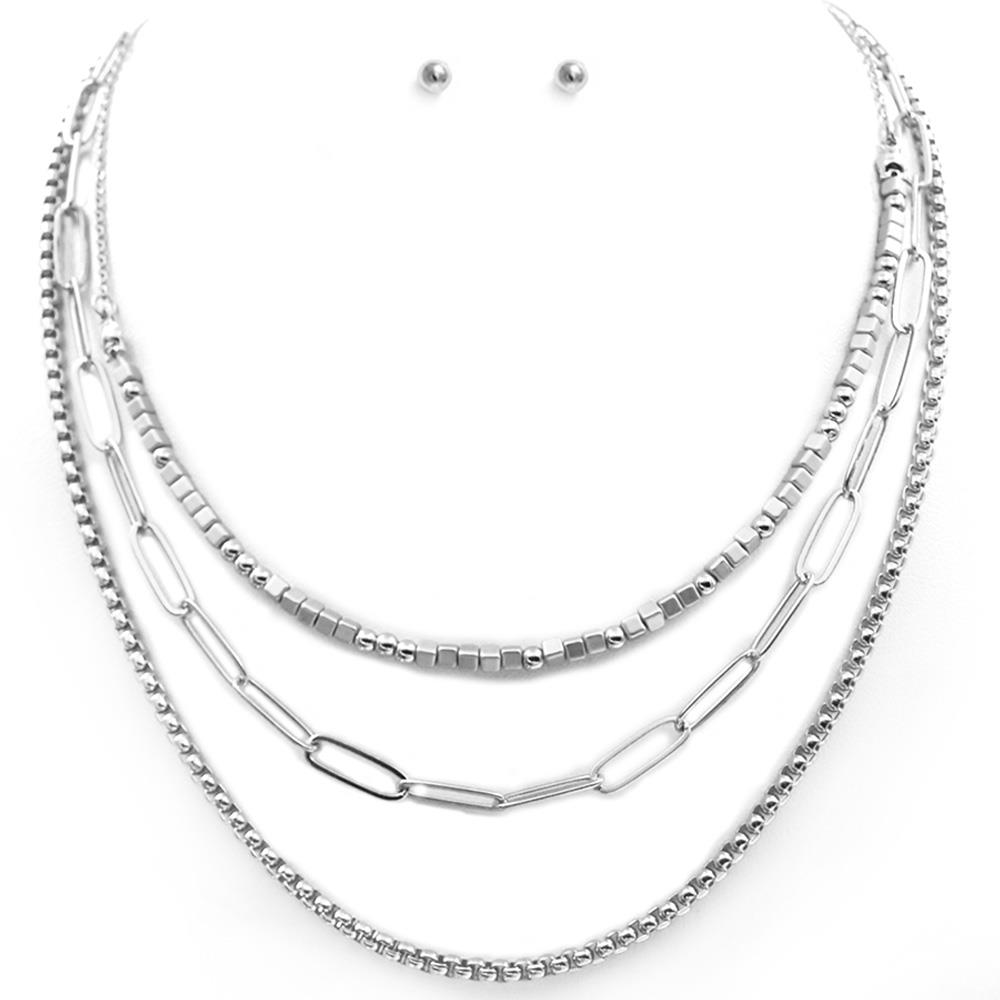 OVAL LINK SQUARE BEAD LAYERED NECKLACE