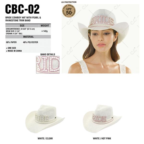 CC BRIDE COWBOY HAT WITH PEARL & RHINESTONE TRIM BAND