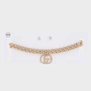 DOUBLE CIRCLE RHINESTONE CHARM CURB LINK CHOKER NECKLACE
