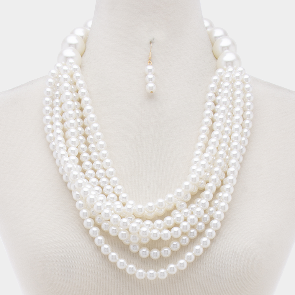 FASHION MULTI LAYER PEARL NECKLACE AND EARRING SET