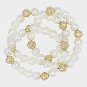 3 SET SCRATCHED BALL GLASS PEARL BRACELET