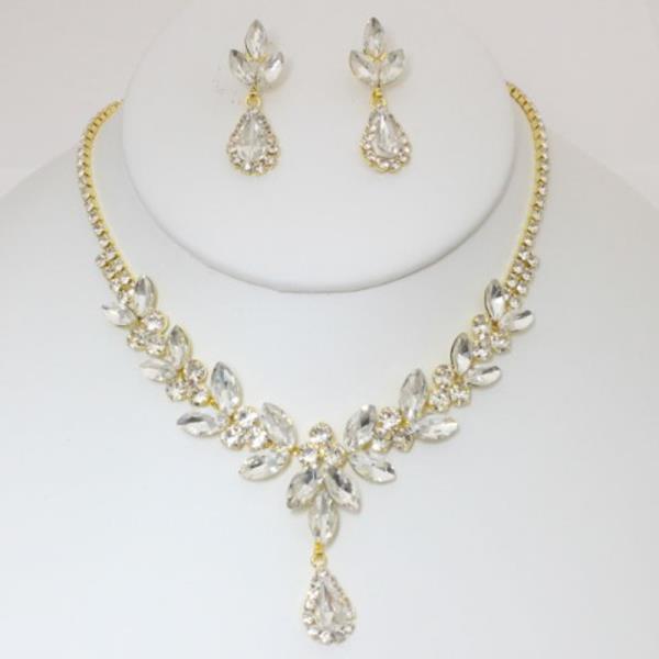 FLOWER TEARDROP RHINESTONE NECKLACE