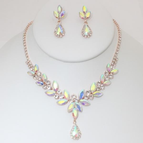 FLOWER TEARDROP RHINESTONE NECKLACE