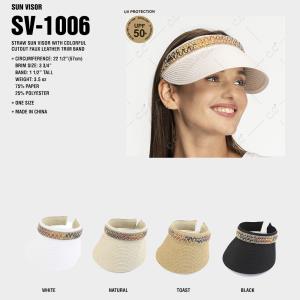 CC STRAW SUN VISOR WITH COLORFUL CUTOUT FAUX LEATHER TRIM BAND