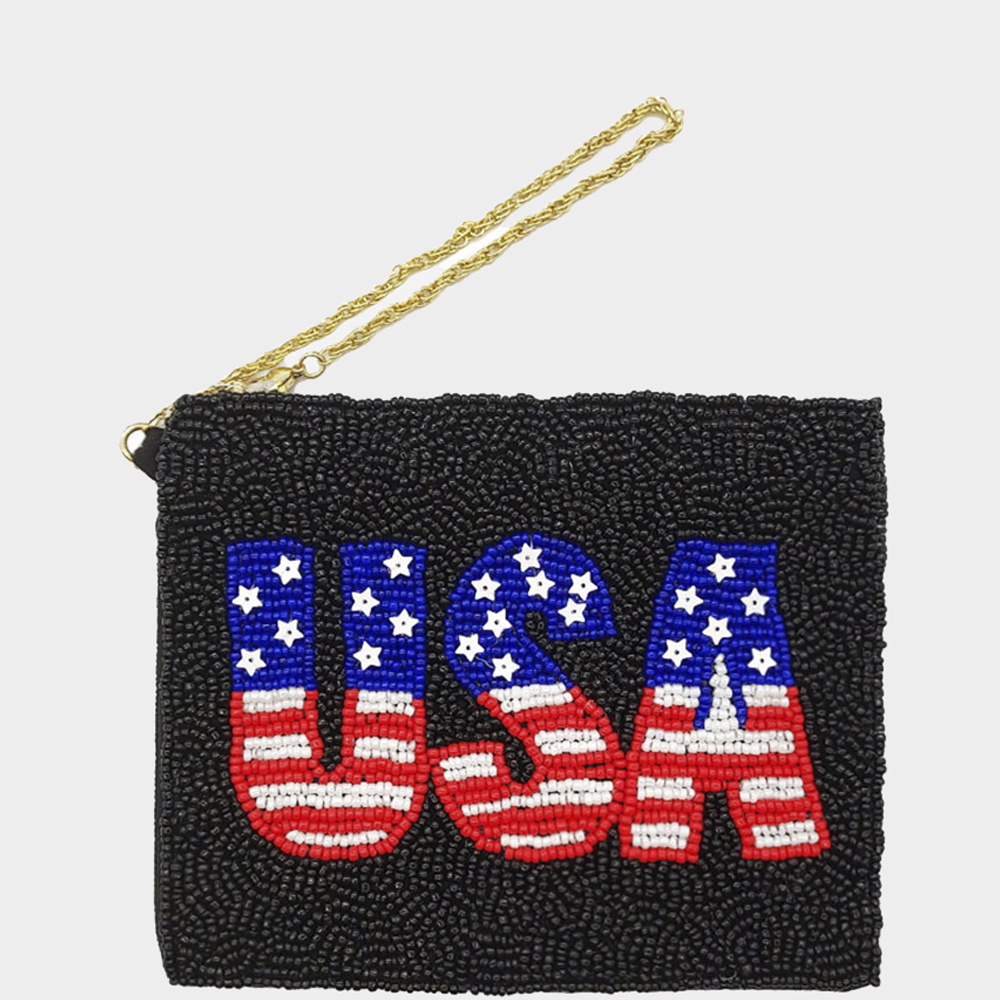 BEADED USA SEED BEADED FLAG POUCH