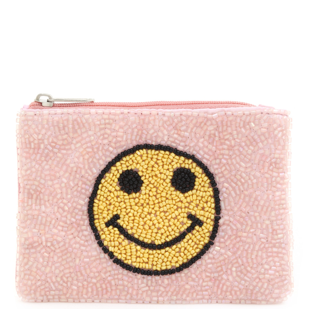 SMILE FACE DESIGN SEED BEAD ZIPPER BAG