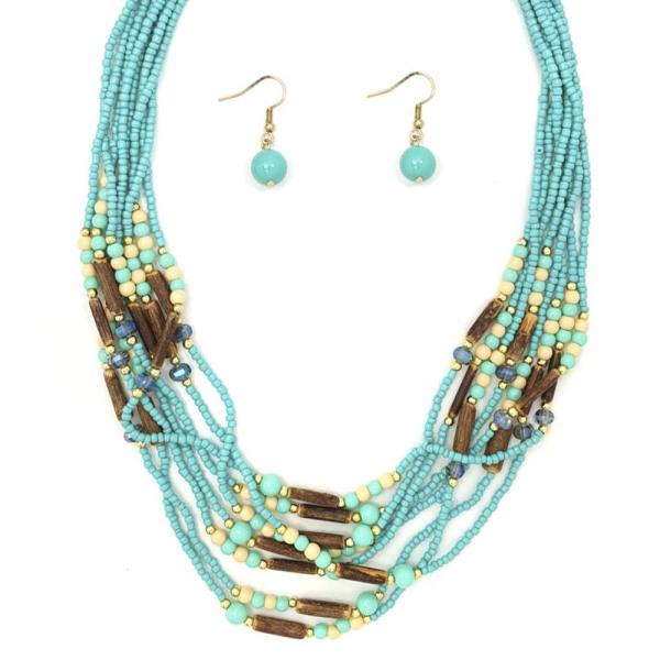 LAYERED WOOD & SEED BEAD NECKLACE EARRING SET