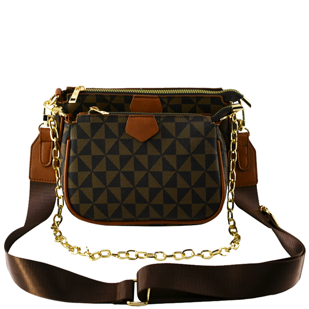 MONOGRAM DESIGN ZIPPER CHAIN LINK CROSSBODY BAG