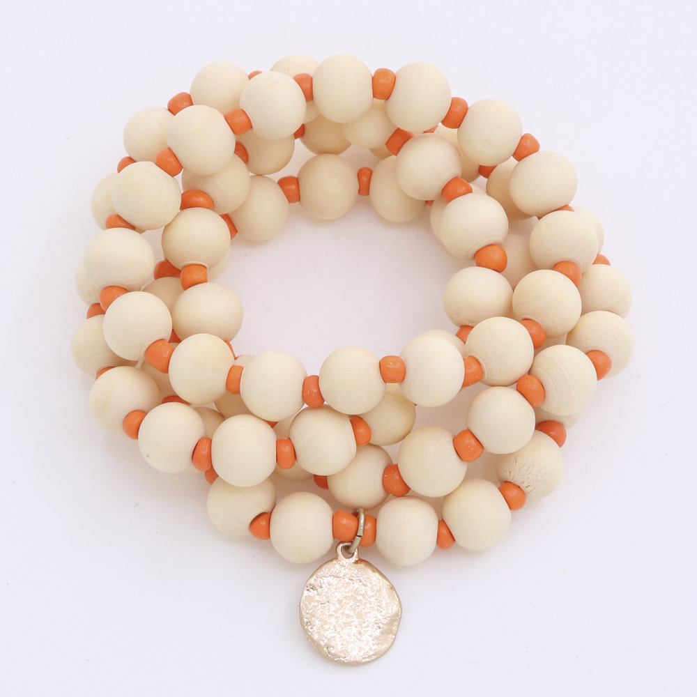 HAMMERED COIN WOOD BEAD BRACELET SET