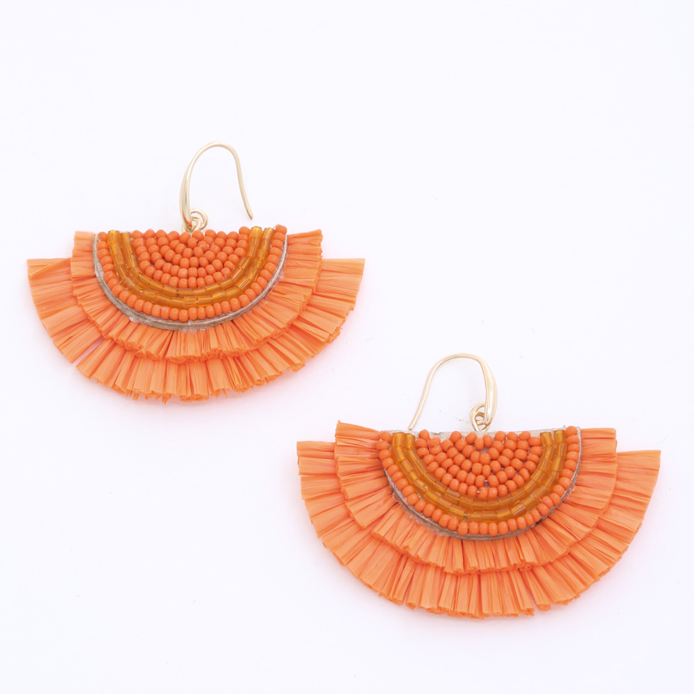 SEED BEAD RAFFIA FAN DANGLE EARRING