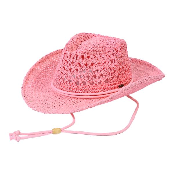 CC PAPER STRAW OPEN WEAVED COWBOY HAT WITH CHIN STRAP