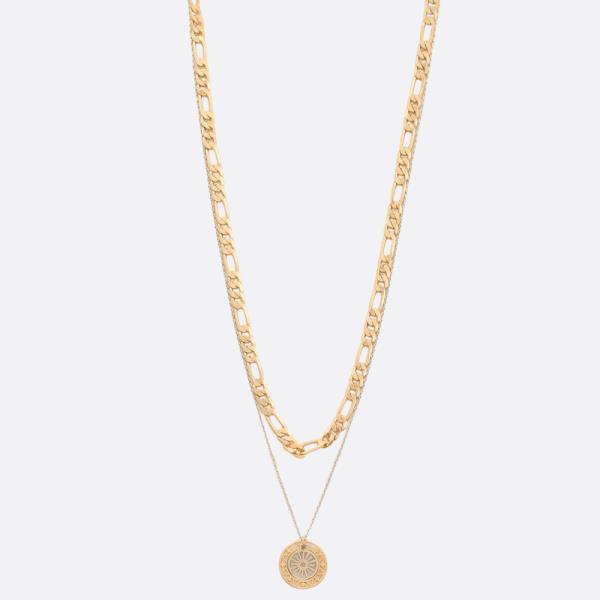 ROUND PENDANT FIGARO LINK LAYERED NECKLACE